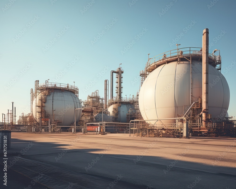 Obraz premium Industrial oil and gas plant. Refinery plant. Equipment steel pipes. industrial pipeline and factory