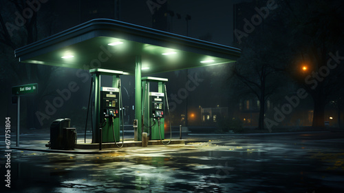 Gas pump in a parking lot at night. The gas pump is illuminated by bright lights, and the parking lot is empty. photo