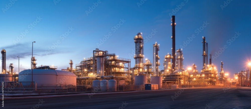 Naklejka premium Industrial oil and gas plant. Refinery plant. Equipment steel pipes. industrial pipeline and factory