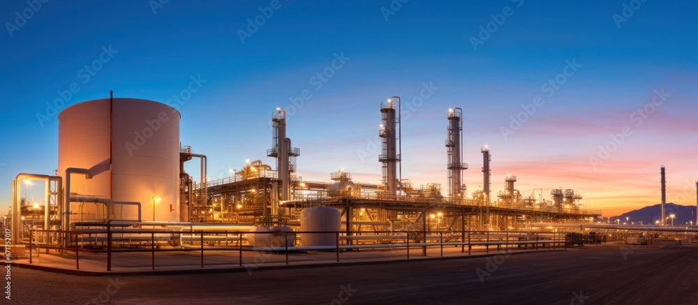 Industrial oil and gas plant. Refinery plant. Equipment steel pipes. industrial pipeline and factory
