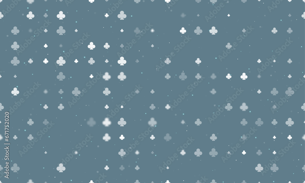 Seamless background pattern of evenly spaced white clubs of different sizes and opacity. Vector illustration on blue grey background with stars