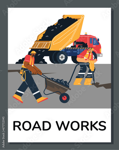 Construction truck unloads asphalt for road construction and paving vector poster, worker repair the asphalt road