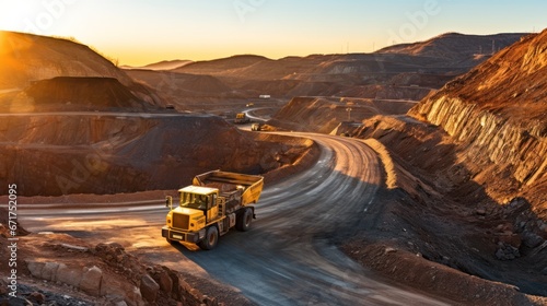 Mine industry, excavator and truck for coal quarry, Large quarry dump truck. Big yellow mining truck Open pit at work site.