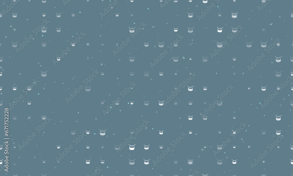 Seamless background pattern of evenly spaced white drum symbols of different sizes and opacity. Vector illustration on blue grey background with stars Seamless background pattern of evenly spaced white drum symbols of different sizes and opacity. Vector illustration on blue grey background with stars