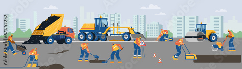 People road surface repair scene flat style, vector illustration