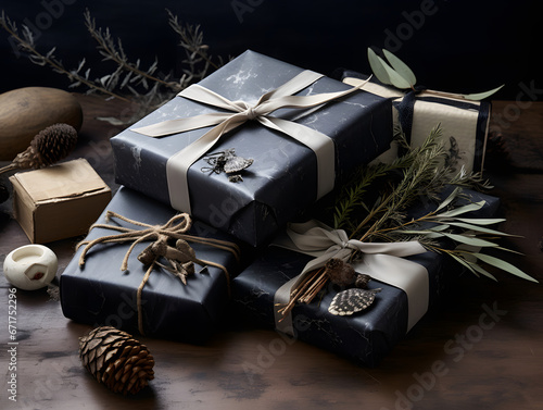 Elegant black gift boxes wrapped with ribbon and foliage on a wooden table photo