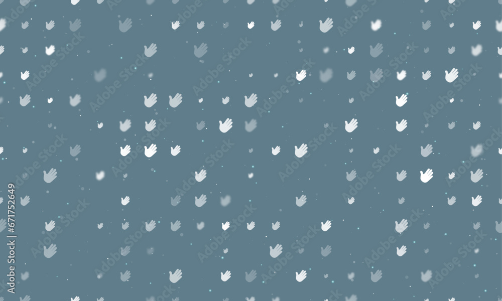 Seamless background pattern of evenly spaced white hands of different sizes and opacity. Vector illustration on blue grey background with stars