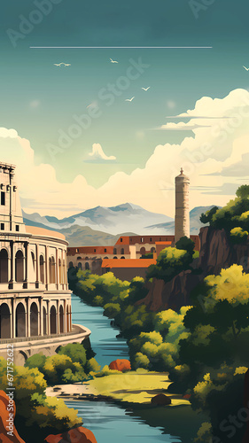 Retro travel poster mediterranean romantic landscape, mountains, seaside town with copy space