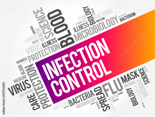 Infection Control - prevents or stops the spread of infections in healthcare settings, word cloud concept background