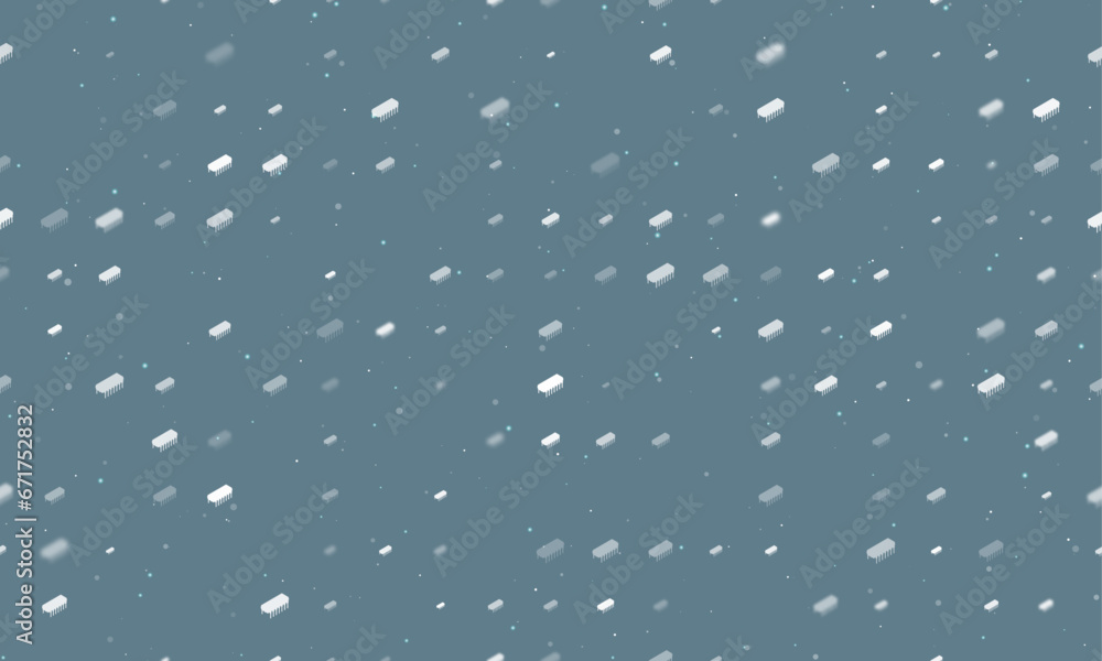 Seamless background pattern of evenly spaced white integrated circuit symbols of different sizes and opacity. Vector illustration on blue grey background with stars Seamless background pattern of evenly spaced white integrated circuit symbols of different sizes and opacity. Vector illustration on blue grey background with stars