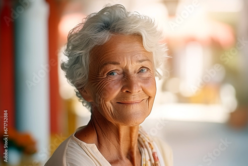 Smiling elderly woman. Old person. AI.