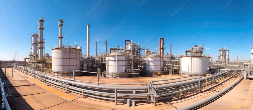 storage tank at oil and gas plant. Refinery plant. Equipment steel pipes. industrial pipeline and factory storage tank at oil and gas plant. Refinery plant. Equipment steel pipes. industrial pipeline and factory