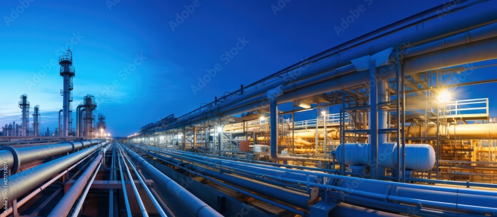 Naklejka premium Steel Pipeline of Oil and gas plant with pipe rack. Refinery plant. industrial and factory