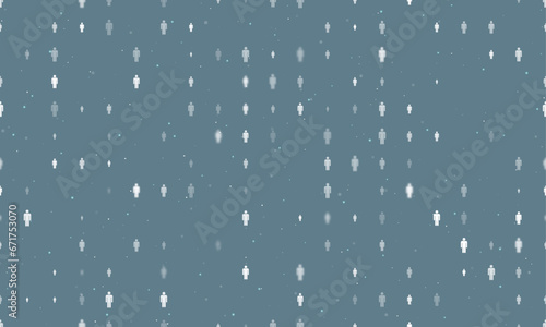 Seamless background pattern of evenly spaced white man symbols of different sizes and opacity. Vector illustration on blue grey background with stars
