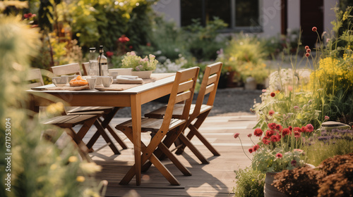 Frühstück im Garten, Sommer, Sitzgruppe aus Holz, Pflanzen, auf der Terasse