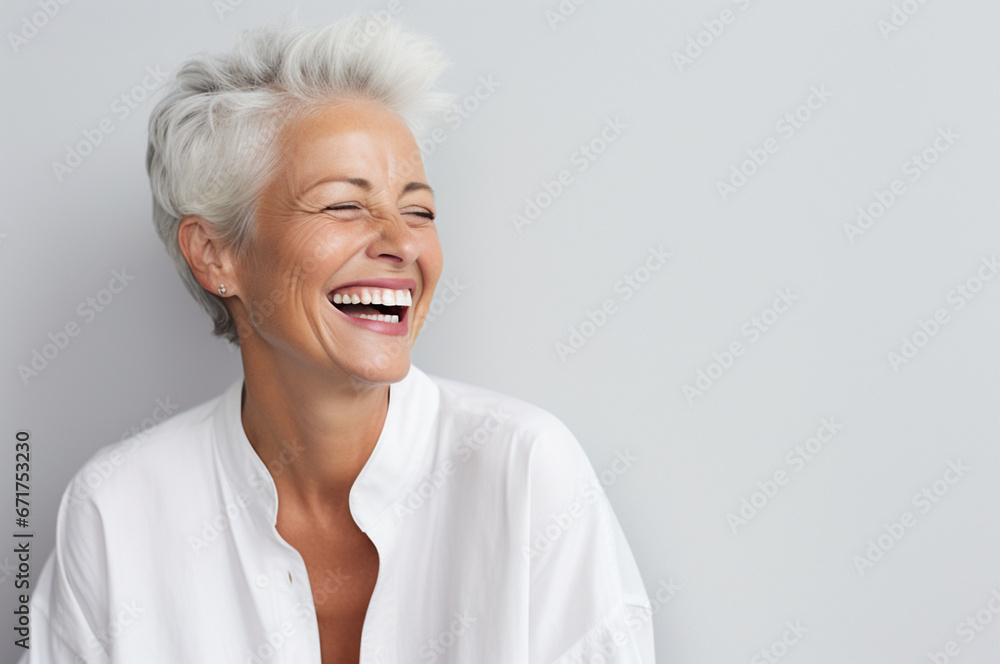 Portrait of attractive elderly happy laughing woman with gray hair wearing sunglasses over gray background. AI generated Portrait of attractive elderly happy laughing woman with gray hair wearing sunglasses over gray background. AI generated