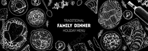 Christmas food. Christmas dinner. Holiday menu. Food design template. Engraved style background. Food and drink set. Hand drawn sketch, design template.