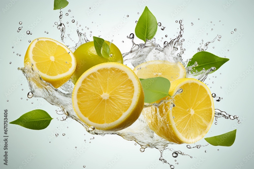 Juicy lemons flying in the air with splashes of water on light background Juicy lemons flying in the air with splashes of water on light background