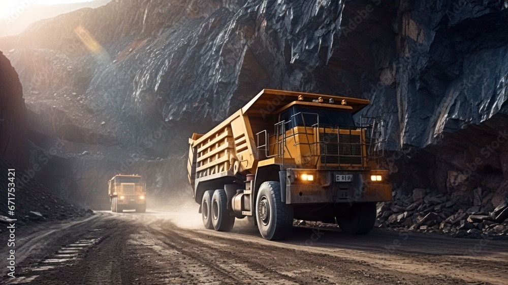 Open pit mine industry, big yellow mining truck for coal quarry