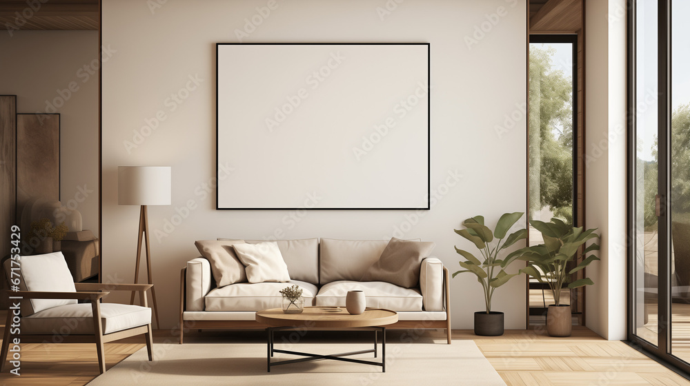 Fototapeta premium Mockup für Bilderrahmen, Wohnzimmer mit Sofa und Pflanze, gemütlich, Tisch, schön