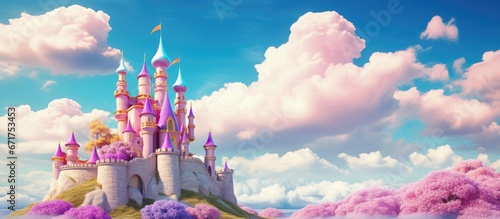 Colorful clouds decorate the sky above a magical castle featured in a childrens book