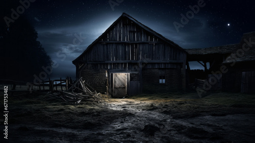 An old abandoned barn stands in the night, its weathered walls a reminder of the past