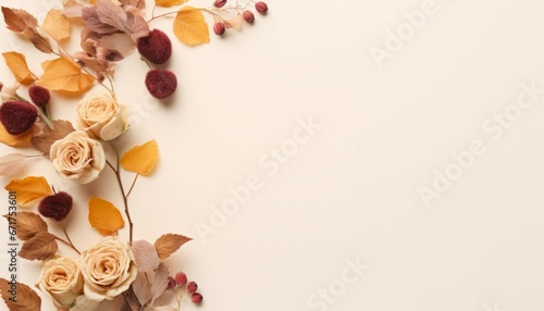 Top view autumn composition concept. Dried leaves, flowers and berries on white background. Autumn, fall, thanksgiving day concept photo. Flat lay with copy space