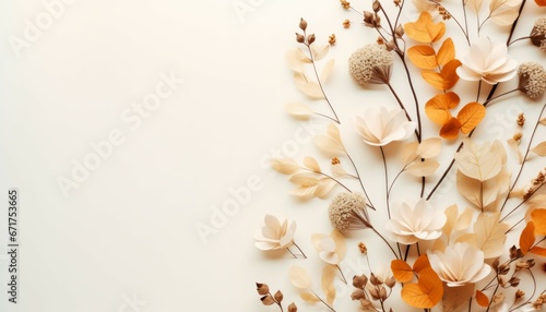Top view autumn composition concept. Dried leaves, flowers and berries on white background. Autumn, fall, thanksgiving day concept photo. Flat lay with copy space photo
