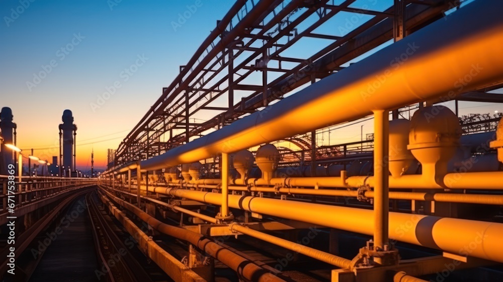 Steel Pipeline of Oil and gas plant with pipe rack. Refinery plant. industrial and factory Steel Pipeline of Oil and gas plant with pipe rack. Refinery plant. industrial and factory
