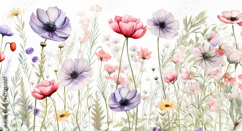 Watercolor wildflower garden wallpaper on a white background