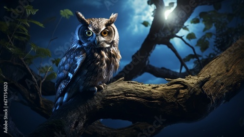 An owl perched silently on an ancient oak branch, under the moonlight.