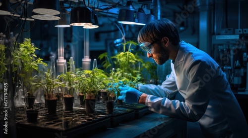 Male scientist working with robotic arm assistant for growing plants at smart laboratory