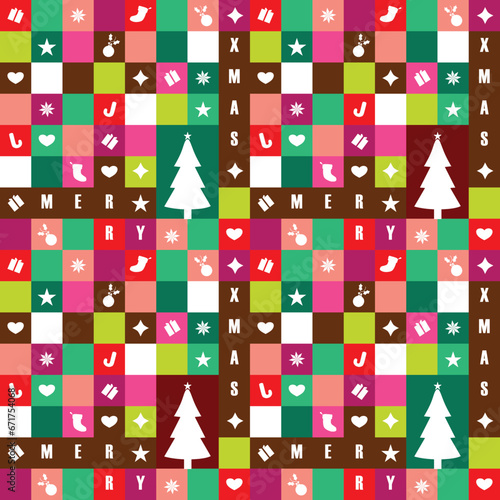 Christmas geometric seamless pattern. Christmas Tree and text merry charismas near star ball gift box shape. Xmas background and wallpaper. Winter Colorful background. 