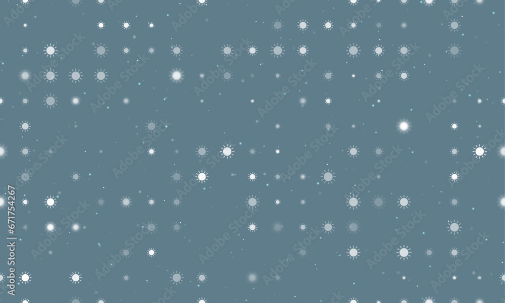 Seamless background pattern of evenly spaced white suns of different sizes and opacity. Vector illustration on blue grey background with stars