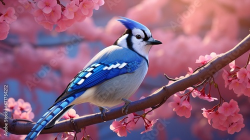 A blue jay perched on a cherry blossom tree in full bloom.