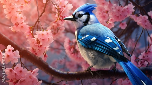 A blue jay perched on a cherry blossom tree in full bloom. © Ai Studio