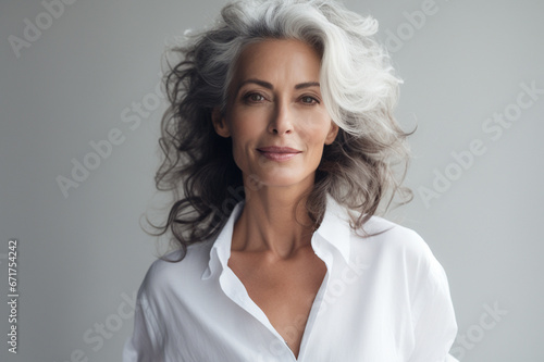 Portrait of attractive elderly happy laughing woman with gray hair wearing sunglasses over gray background. AI generated