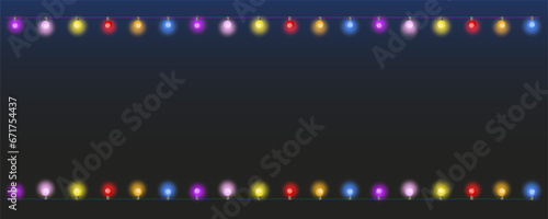 A template with a light garland on a dark background. Merry Christmas, Happy New Year greeting card. A poster with Christmas holidays. Vector illustration