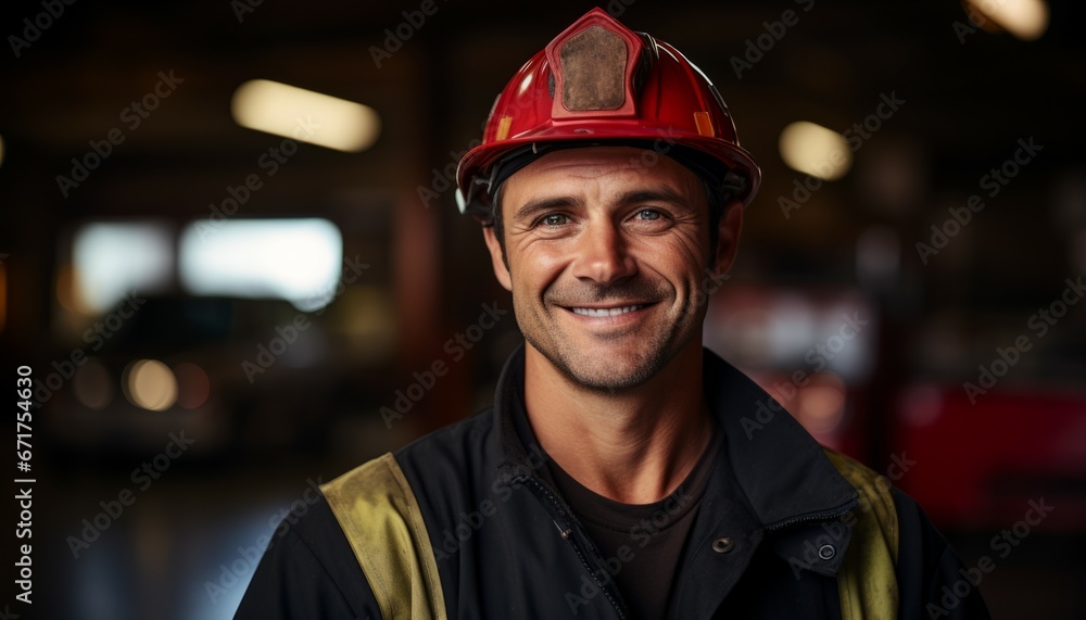 Portrait of Firefighter in uniform and helmet near fire engine in fire department. Portrait of Firefighter in uniform and helmet near fire engine in fire department.