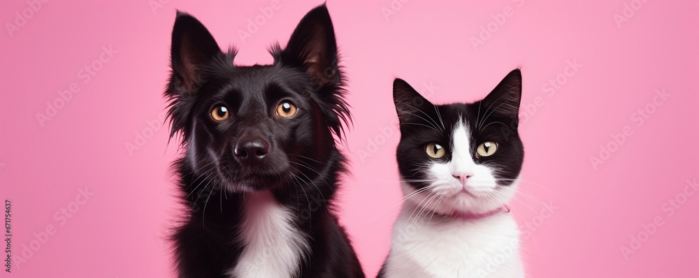 Black and white cat and dog sitting together on pink background. Banner with pets.