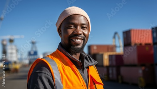 A modern large factory with containers in the background, one worker with a hard hat on their head with his arms folded confidently looking at us and smiling
