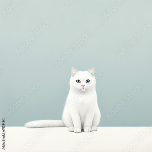 White cat on green background. Cute pet. Aesthethic illustration. Minimalistic image