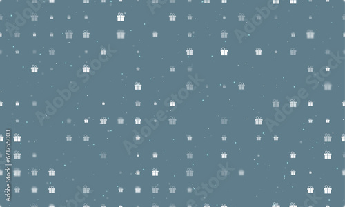 Seamless background pattern of evenly spaced white gift symbols of different sizes and opacity. Vector illustration on blue grey background with stars