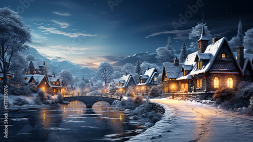 Winter Abend Stadtidylle Fluss mit Brücke Generative AI © Catill2020