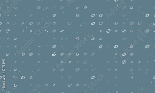 Seamless background pattern of evenly spaced white rugby symbols of different sizes and opacity. Vector illustration on blue grey background with stars