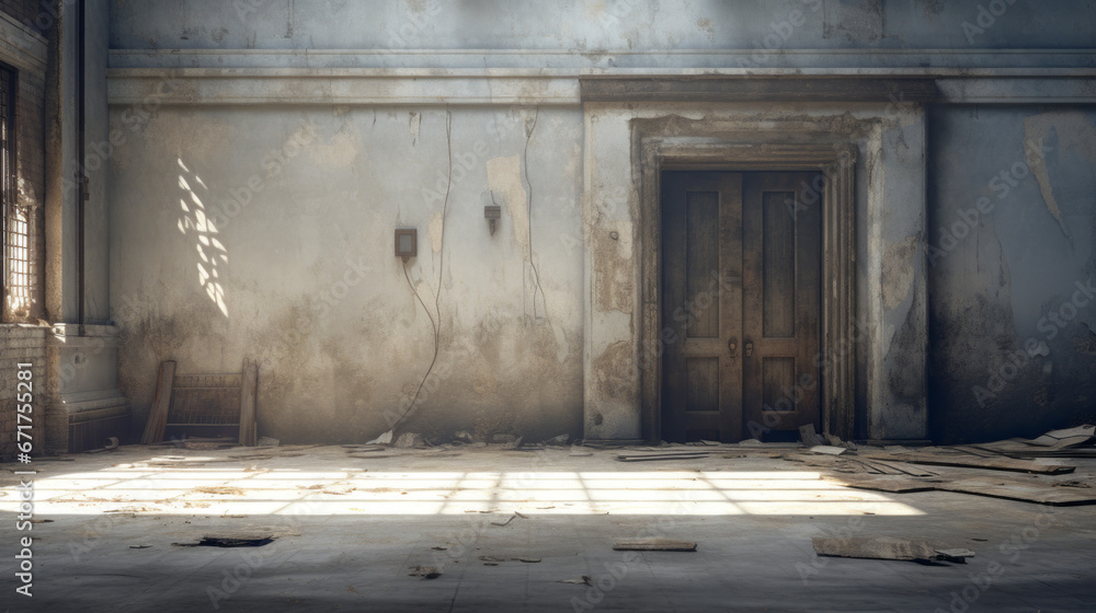 An old, abandoned house with a boarded up door