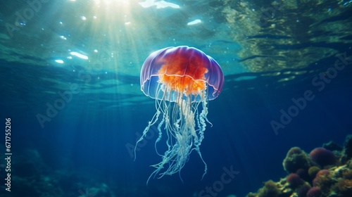 A jellyfish floating ethereally in clear ocean waters, surrounded by tiny fish. © Ai Studio