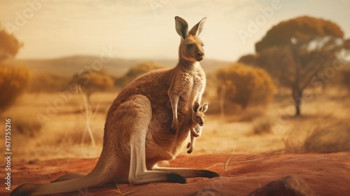 A kangaroo with a joey in her pouch, hopping across an Australian outback. © Ai Studio