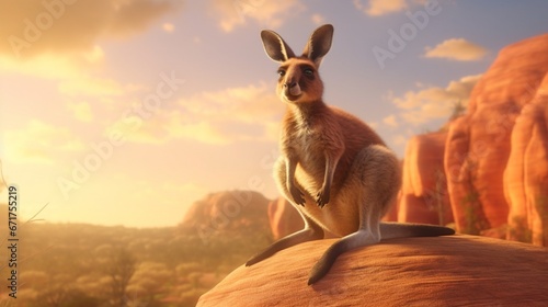 A kangaroo with a joey in her pouch, hopping across an Australian outback.