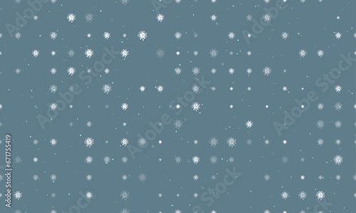Seamless background pattern of evenly spaced white coronavirus symbols of different sizes and opacity. Vector illustration on blue grey background with stars
